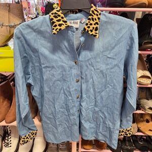 Vintage ON THE VERGE Denim Shirt Leopard Collar Cuff Button Up Women Size M